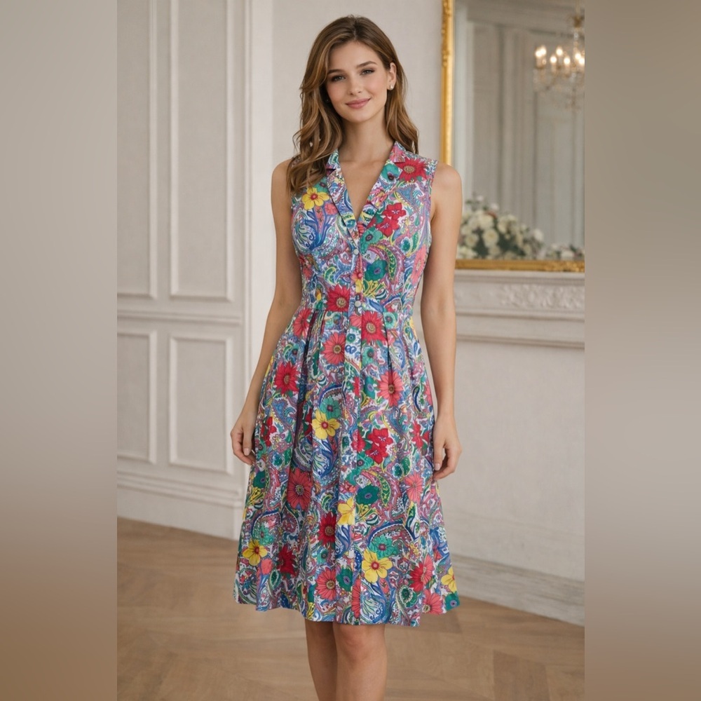 Talbots - Floral Ruffle Front Cotton Dress - 8P china